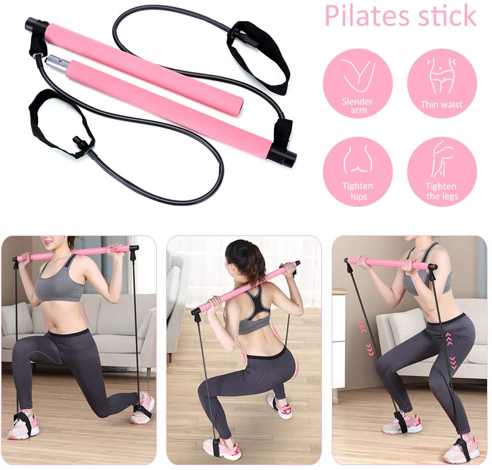 Adjustable Pilates Bar Kit Resistance Band Exercise Stick Toning Gym