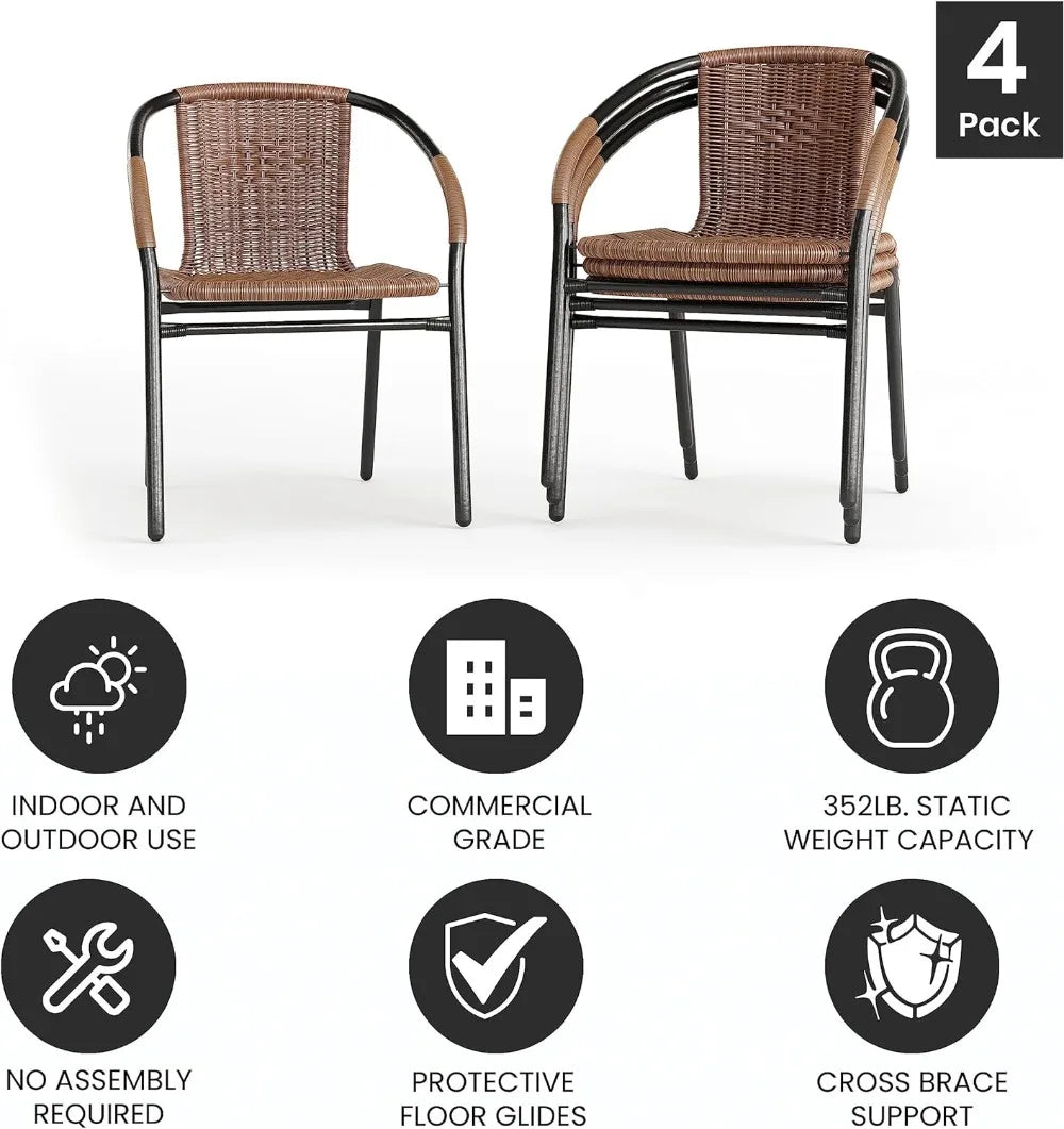 4 Pack Medium Brown Rattan Indoor-Outdoor Restaurant Stack Chair | Versatile and Stylish Seating